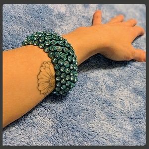 Bold Teal  Set Clear Rhinestone Stretchy Bangle